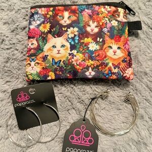 NWT! Colorful Cat Print Pouch and Jewelry Set